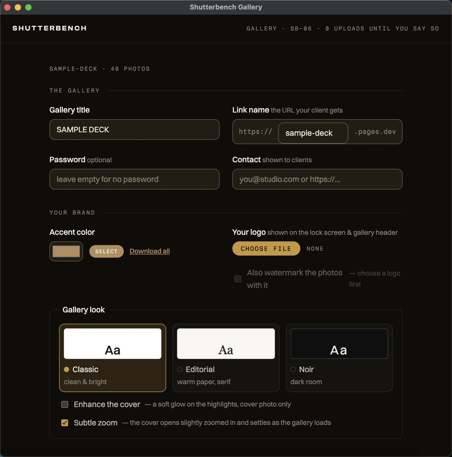 The Shutterbench Gallery setup screen: gallery title, link name, optional password, contact, accent colour, three gallery looks, and what clients get.
