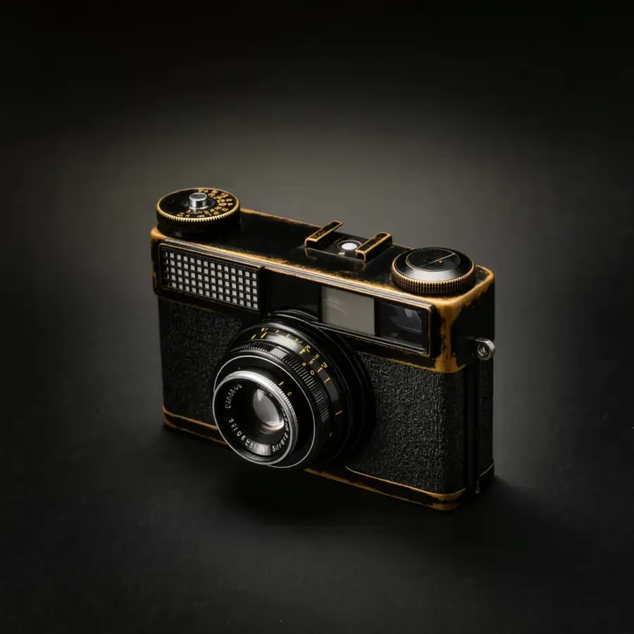 A worn black and brass rangefinder camera